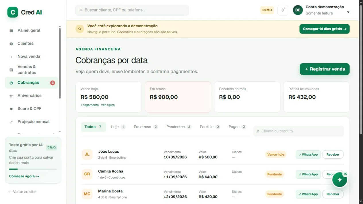 Tela real de cobranças com filtros de vencimento, parcelas, valores e registro de recebimentos.